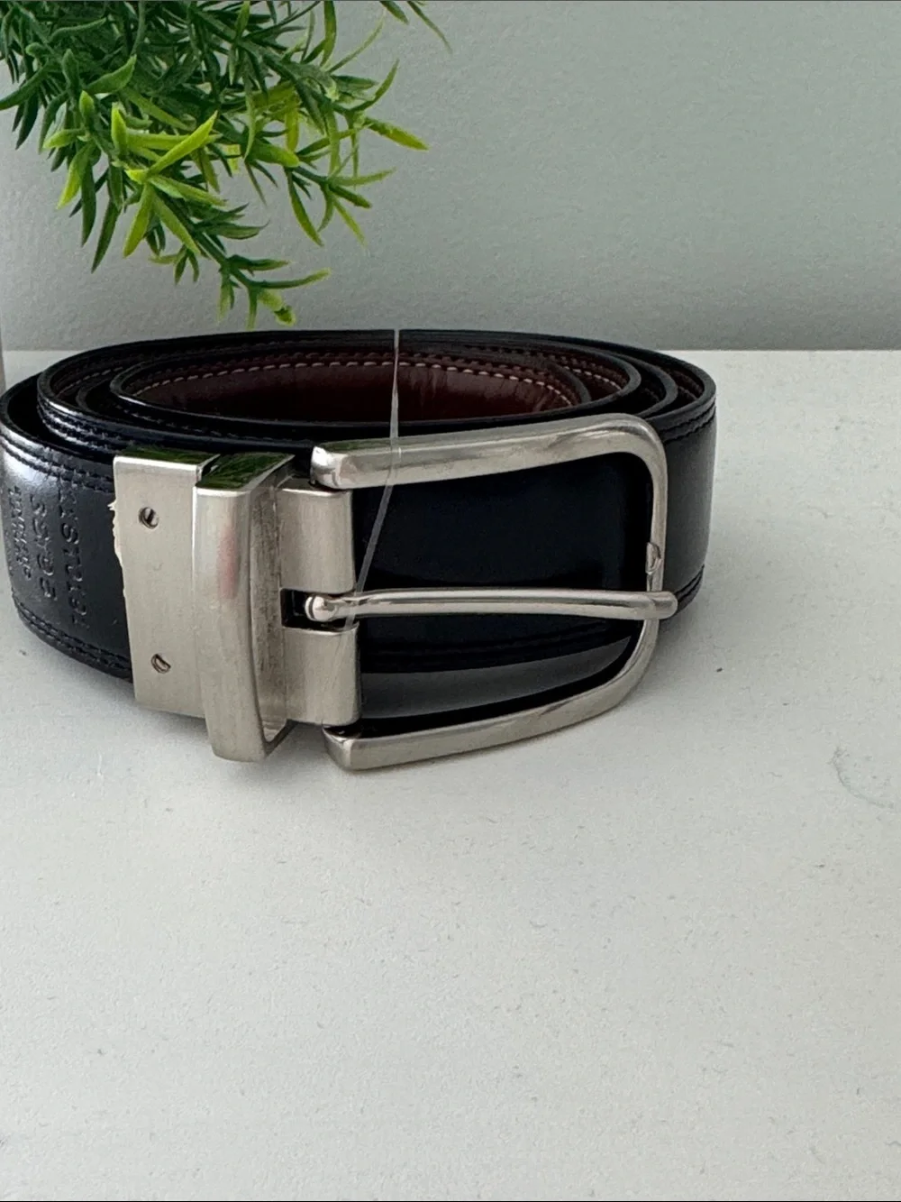 Men's Classic Brown Reversible Black Leather Belt with Silver Buckle